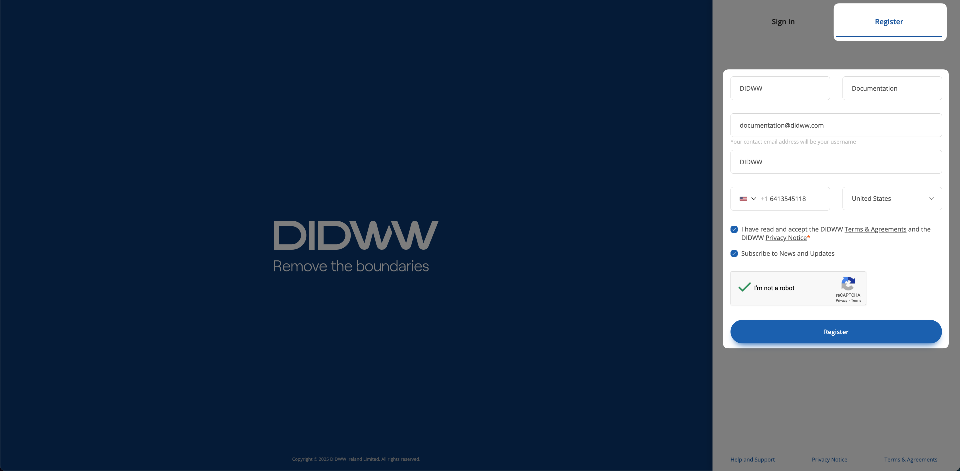 DIDWW registration form