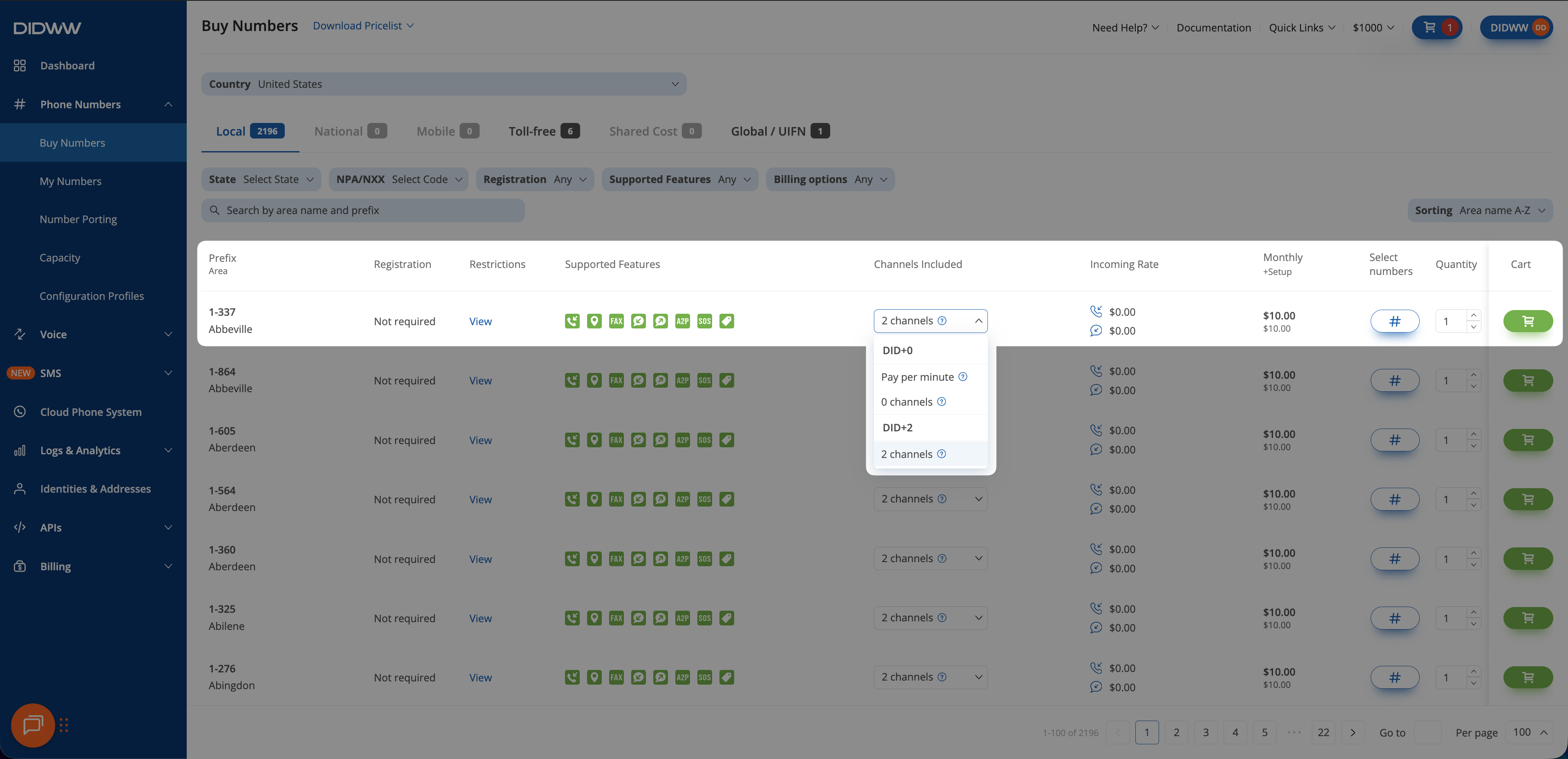 Country selection and number type