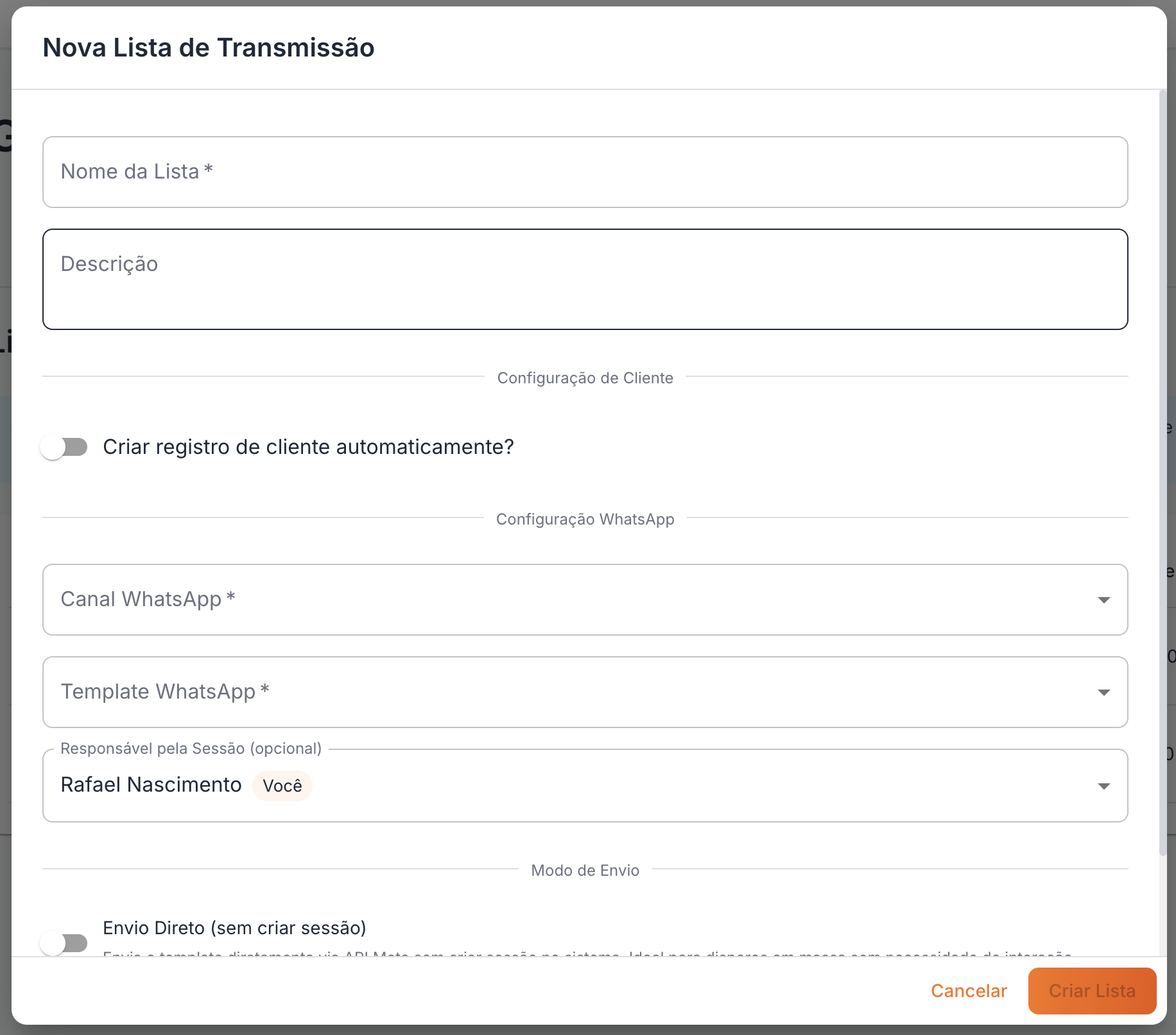 MKT AI-First - Configuração de lista de transmissão WhatsApp com canal, template personalizado e responsável pela sessão