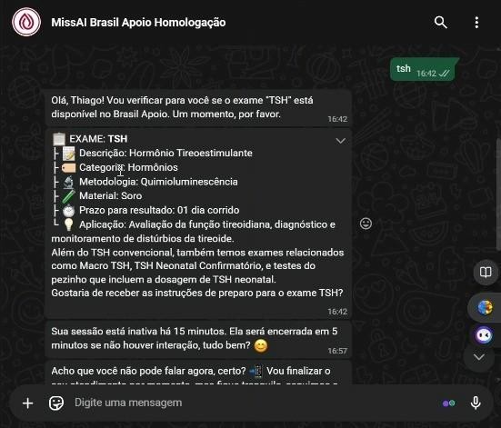 Miss AI funcionando no WhatsApp - Interface de consulta de exames